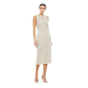 Mac Duggal NEW Size 2 Sleeveless Sequined Midi Sheath Dress 5526 Silver Nude